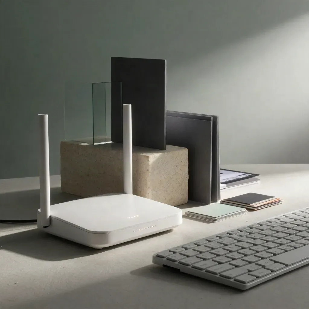 Atelier de diseño web con router, pantalla abstracta, teclado y tarjetas de color sobre piedra.