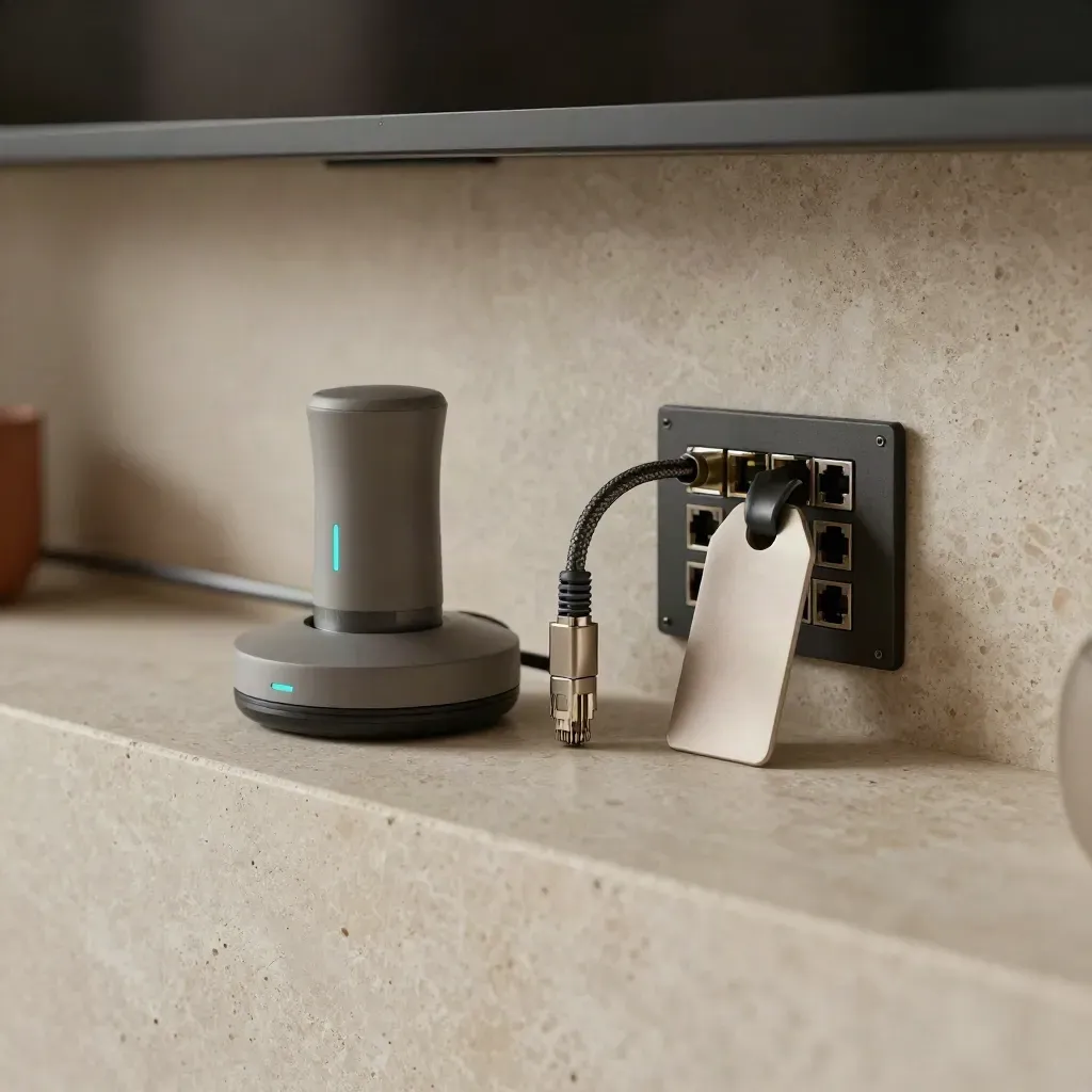 Router y módulo de conexión sobre piedra clara con acento turquesa