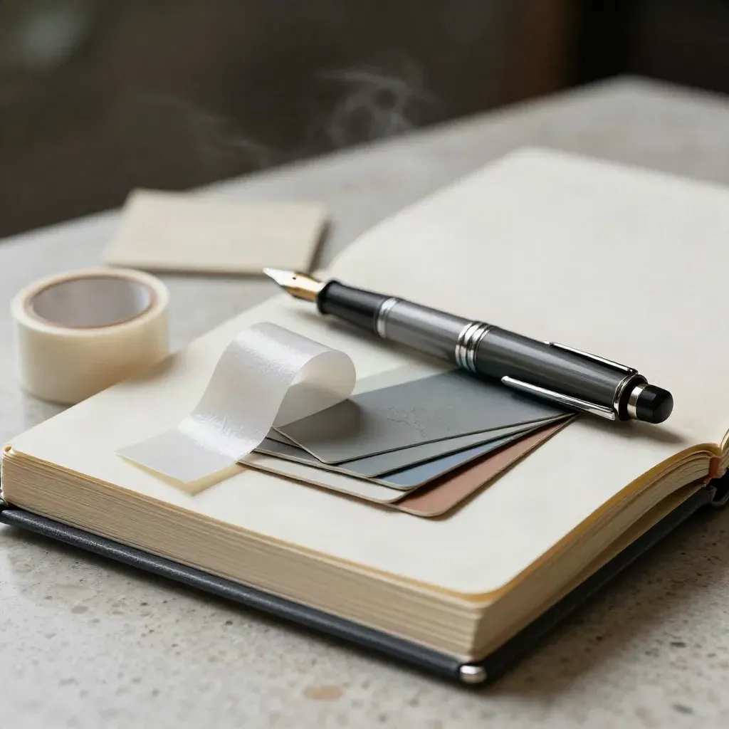 Cuaderno de bocetos, pluma y cartas de color sobre travertino con cinta blanca.