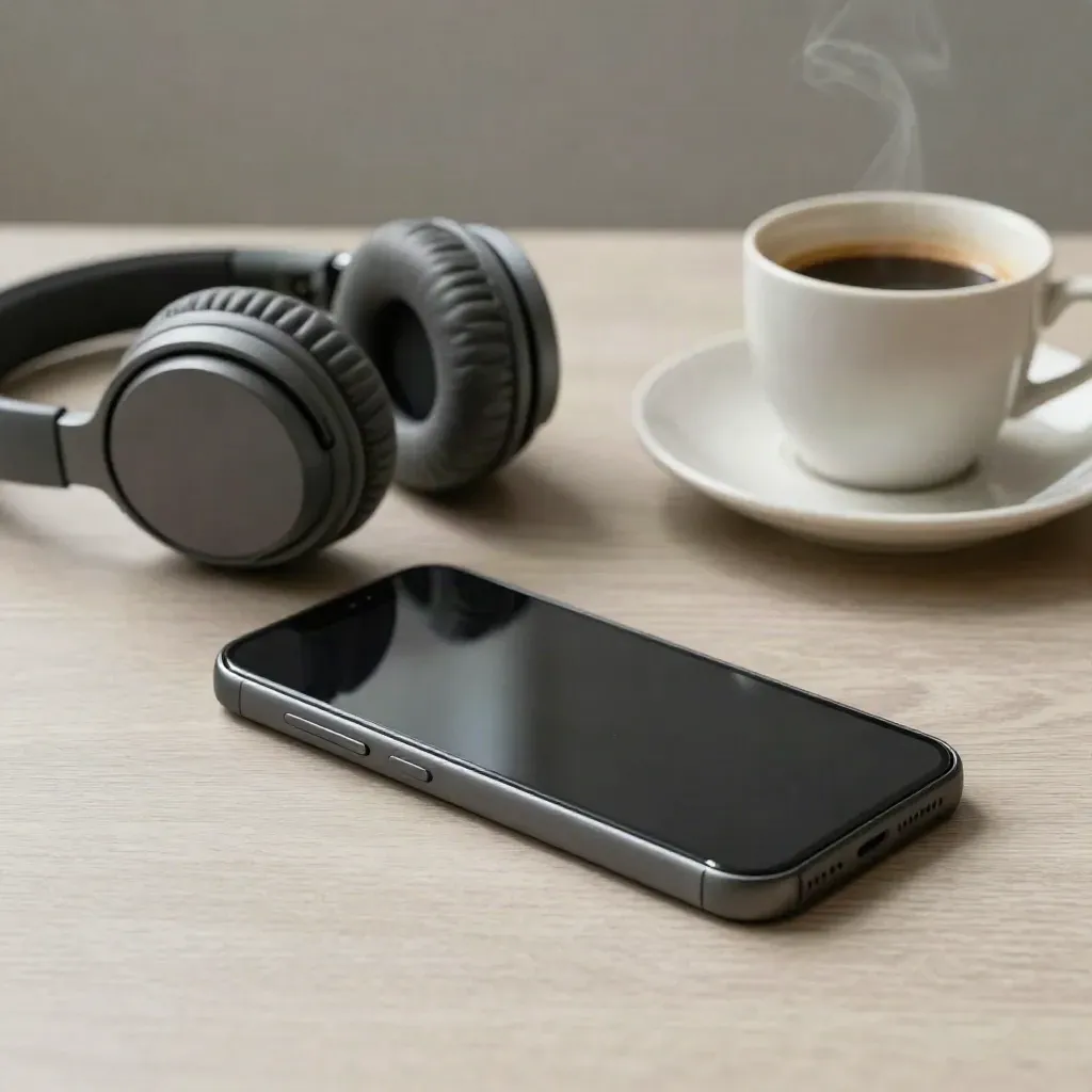 Móvil apagado, auriculares plegados y café corto sobre madera clara.