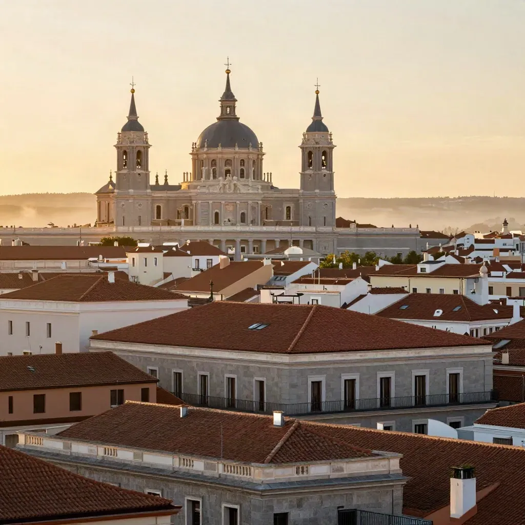 Vista amplia de Madrid Centro al atardecer, con tejados históricos y cúpulas altas en bruma dorada.