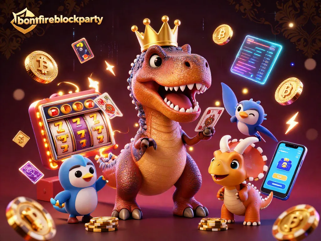 Engaging scene of bonfireblockparty with a T-Rex shuffling cards at the casino, sharing the excitement.